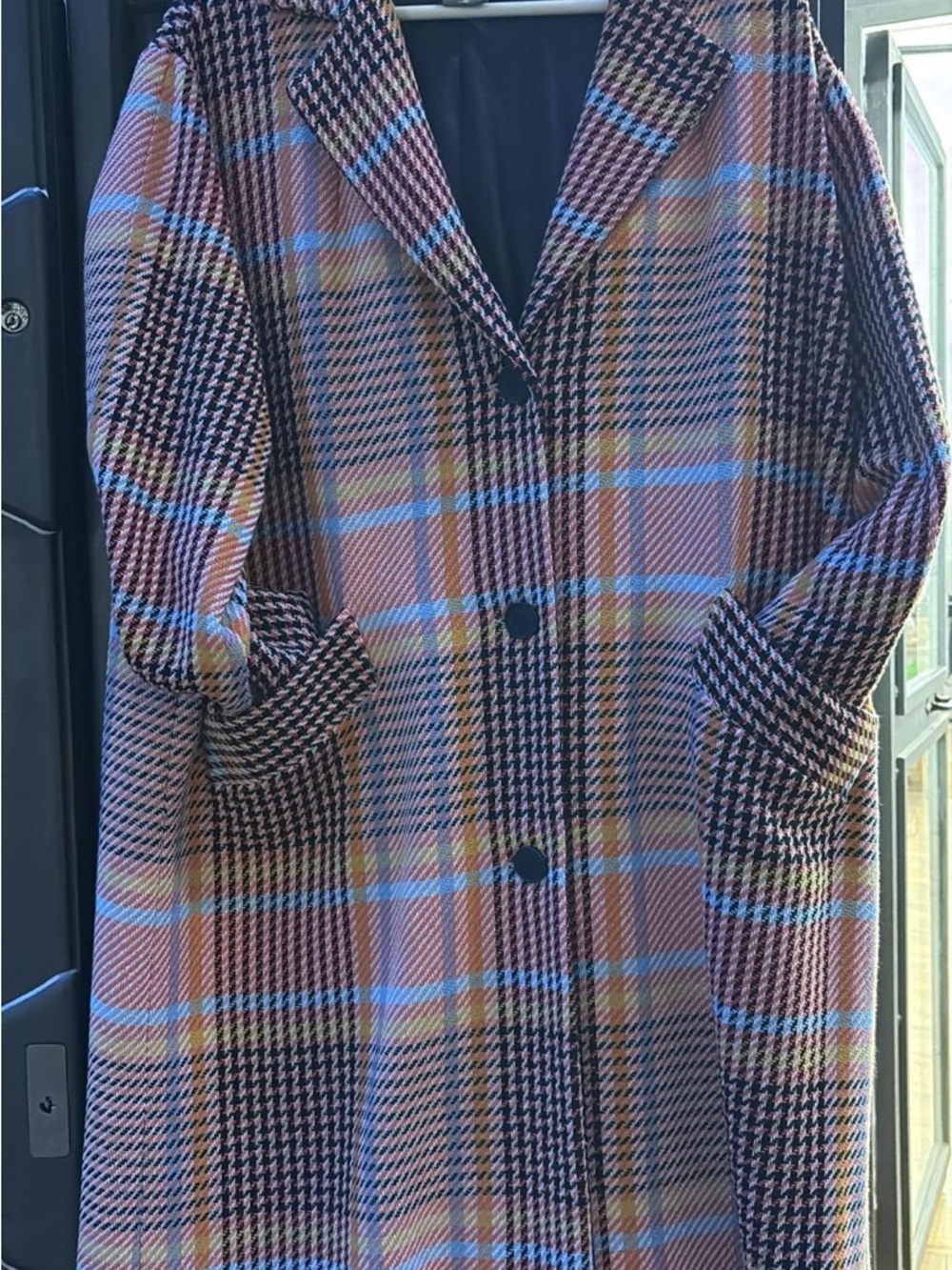 Checked Long Trench Coat in Pink and Blue